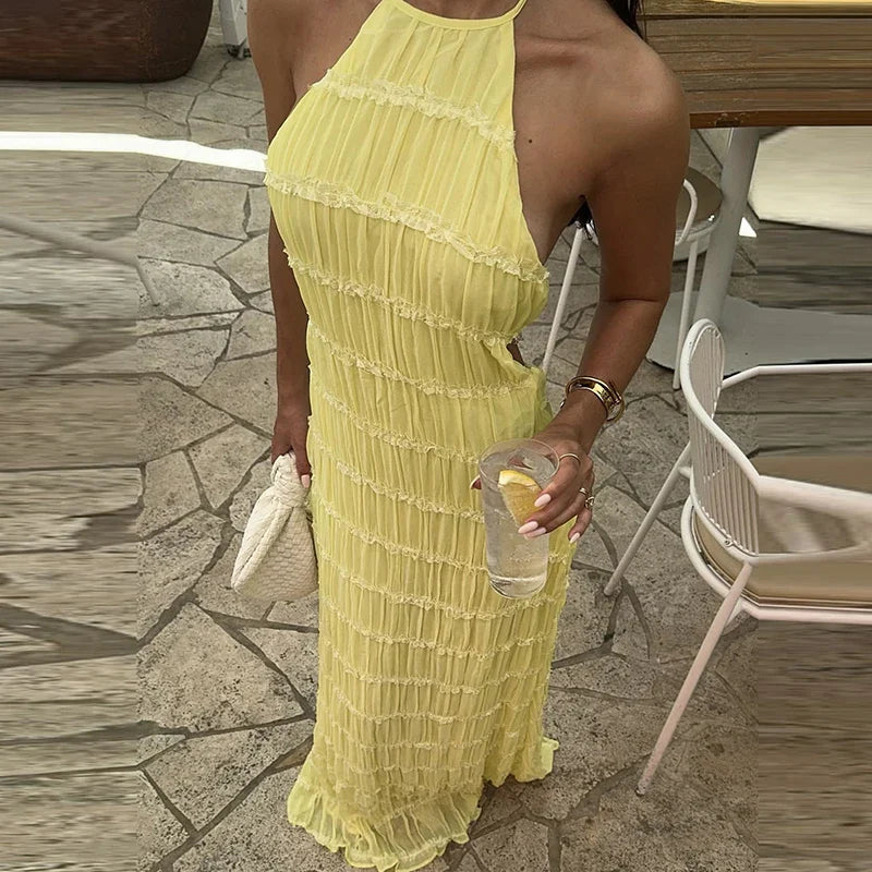 Halter Pleated Boho Vacation Dress