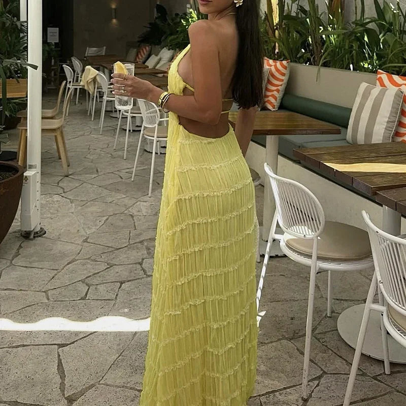 Halter Pleated Boho Vacation Dress