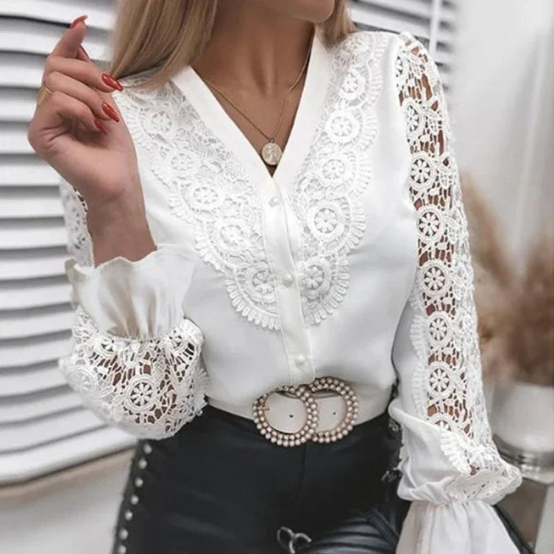 Sexy Hollow Lace Patchwork Long Sleeve Blouse