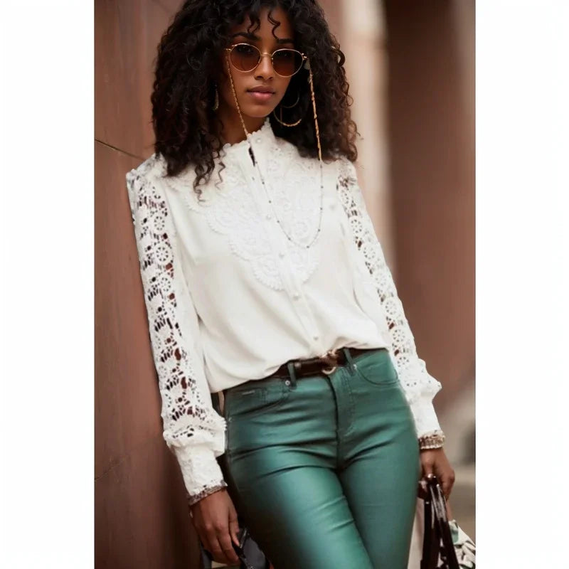 Sexy Hollow Lace Patchwork Long Sleeve Blouse