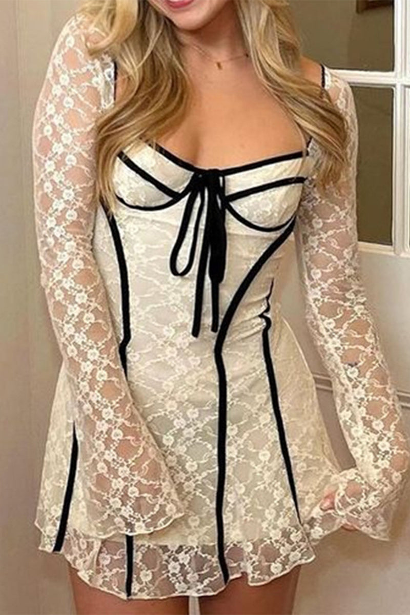 Sexy Lace Lace Up Patchwork Square Neck A Line Dresses - Fashionpara