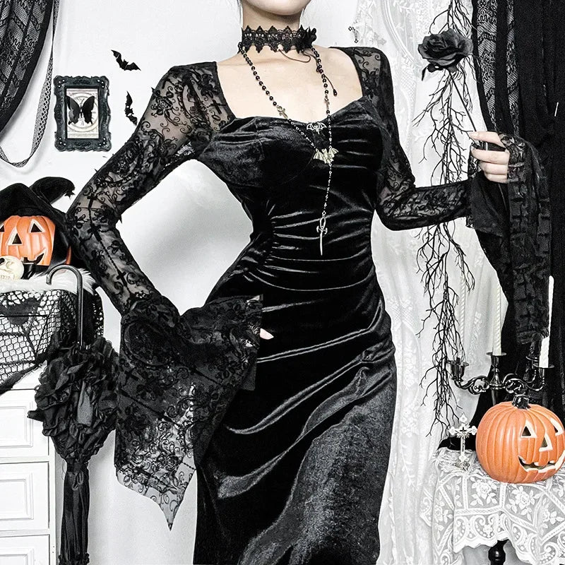 Mesh Net High Slit Flared Long Dress