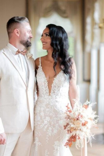 Sexy Long Mermaid V-neck Sleeveless Lacy Wedding Gown - Fashionpara