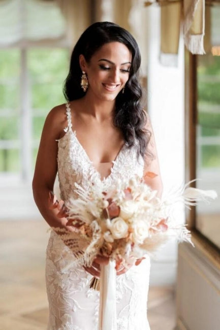 Sexy Long Mermaid V-neck Sleeveless Lacy Wedding Gown - Fashionpara