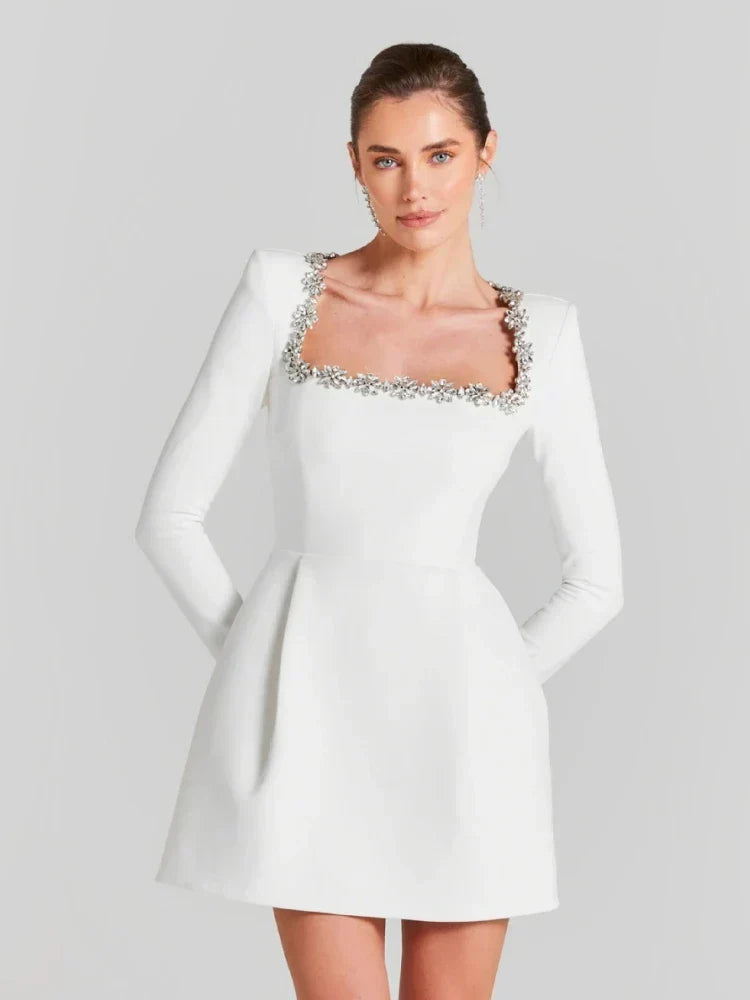 Embellished Square Neck Long Sleeve A-Line Mini Dress 4
