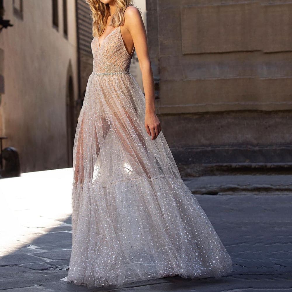 Mesh Sequin Dot Spaghetti Strap Backless Tiered Prom Maxi Gown - View 6