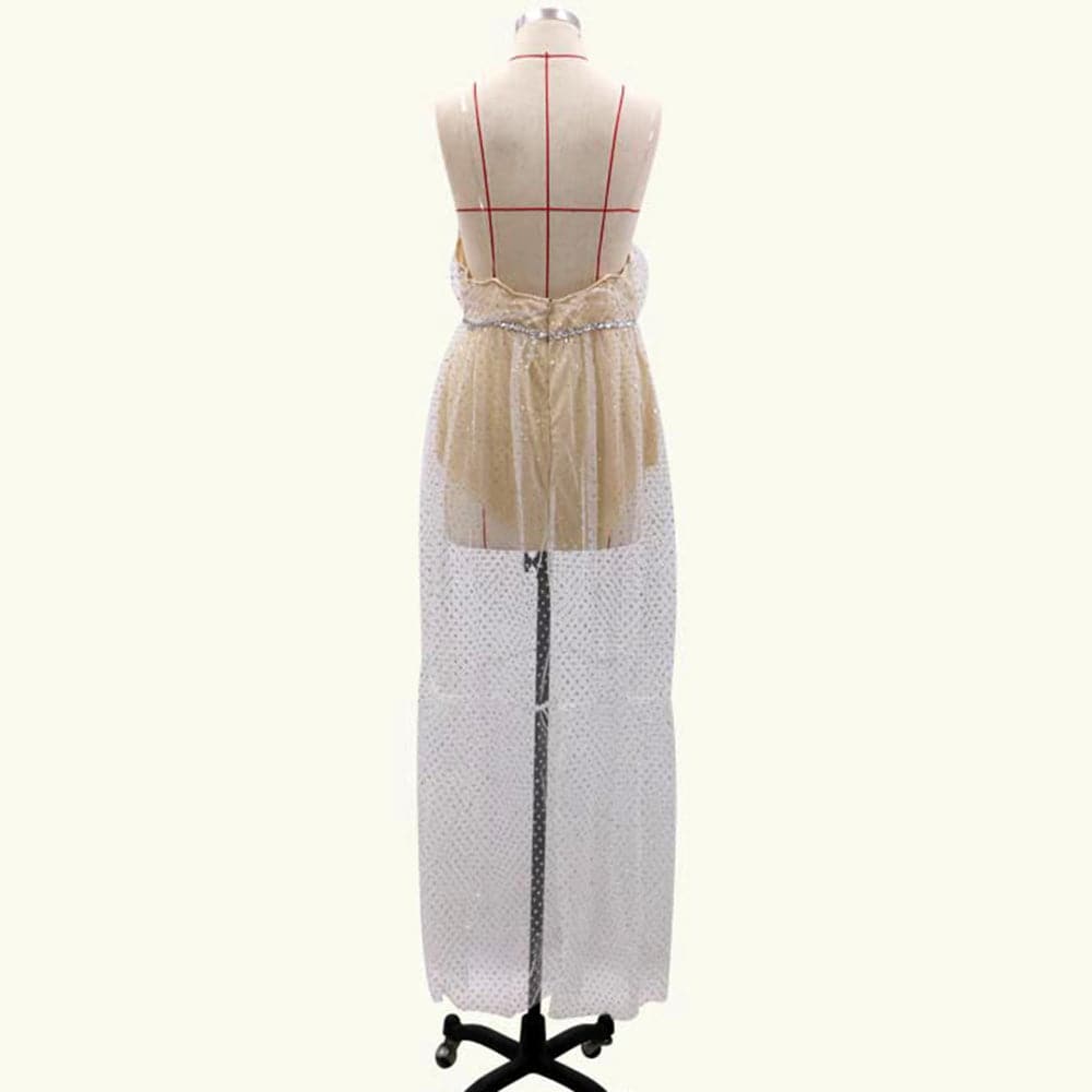 Mesh Sequin Dot Spaghetti Strap Backless Tiered Prom Maxi Gown - View 4