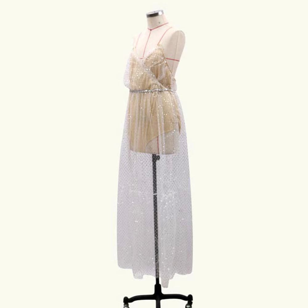 Mesh Sequin Dot Spaghetti Strap Backless Tiered Prom Maxi Gown - View 3