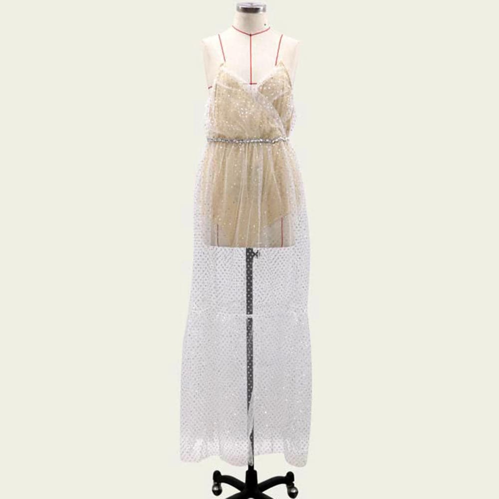 Mesh Sequin Dot Spaghetti Strap Backless Tiered Prom Maxi Gown - View 2