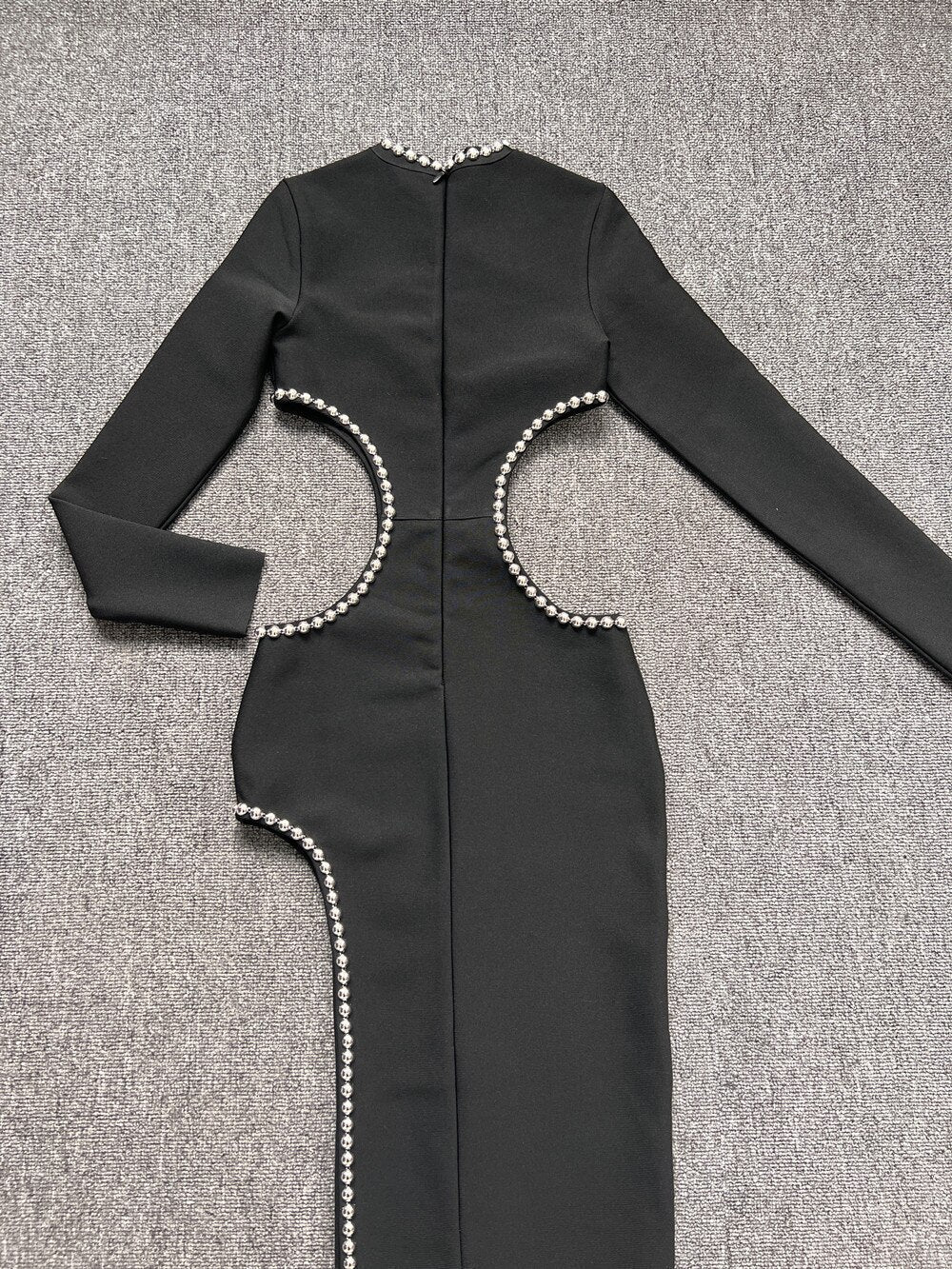 High Neck Long Sleeve Cutout High Slit Maxi Gown