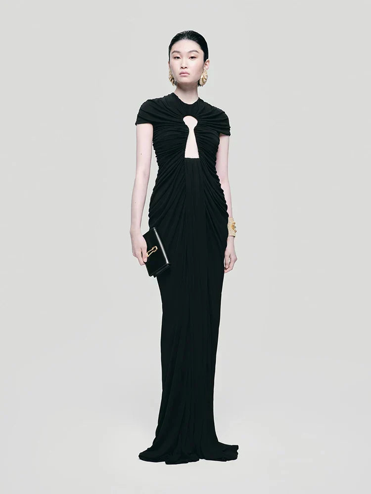 Cut Out High Neck Cap Sleeve Maxi Gown