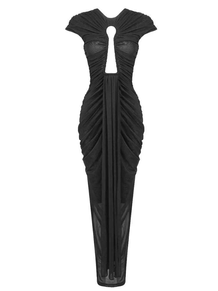 Cut Out High Neck Cap Sleeve Ruched Maxi Gown 7