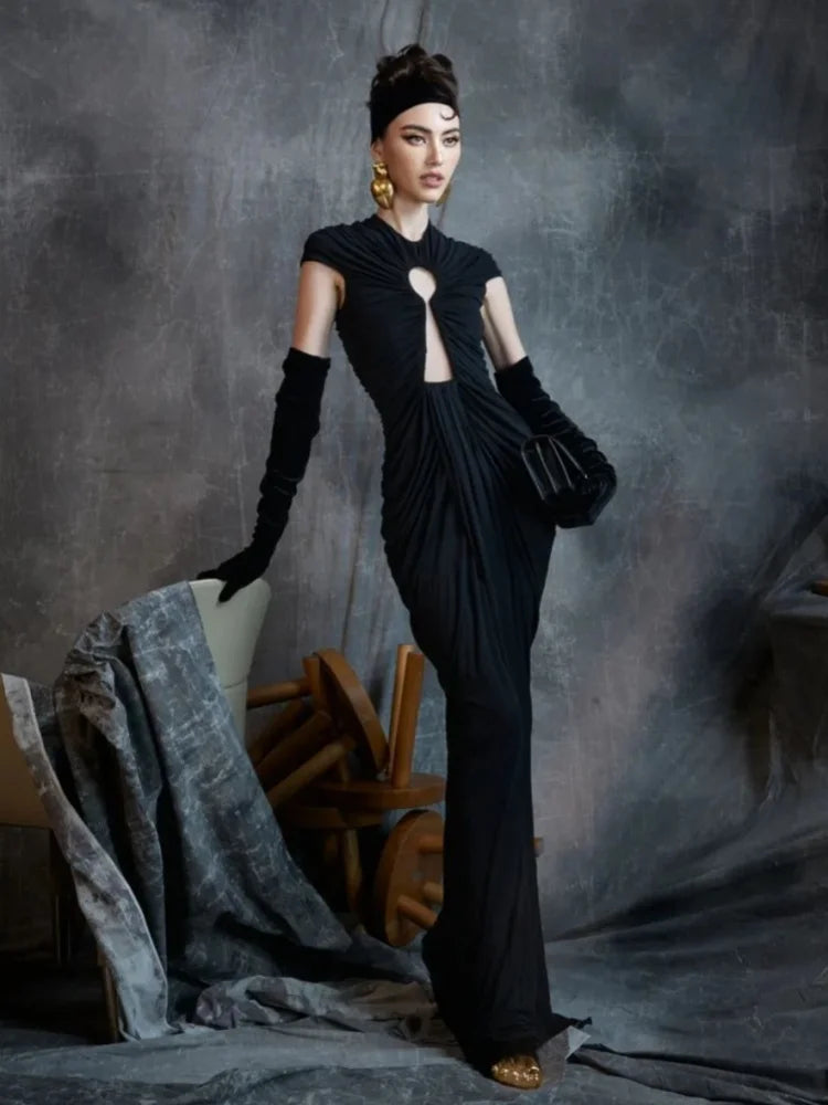 Cut Out High Neck Cap Sleeve Maxi Gown