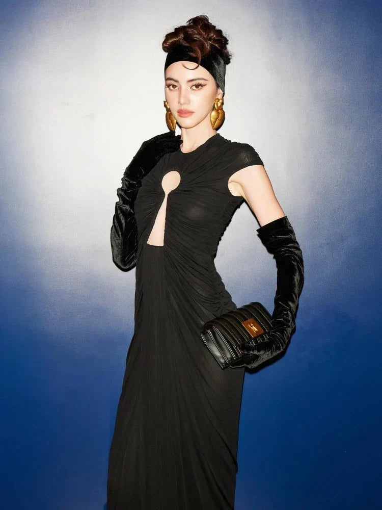 Cut Out High Neck Cap Sleeve Ruched Maxi Gown 3