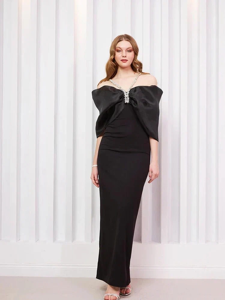 Off Shoulder Rhinestone Strap Puff Satin Ruched Bodycon Maxi Dress