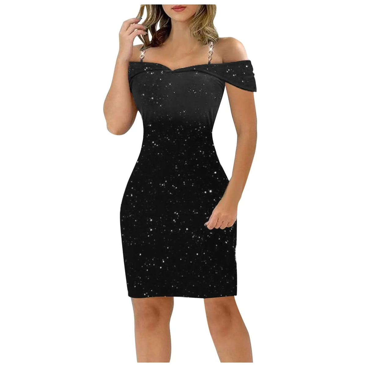 Glitter Off Shoulder Chain Strap Bodycon Mini Dress 3