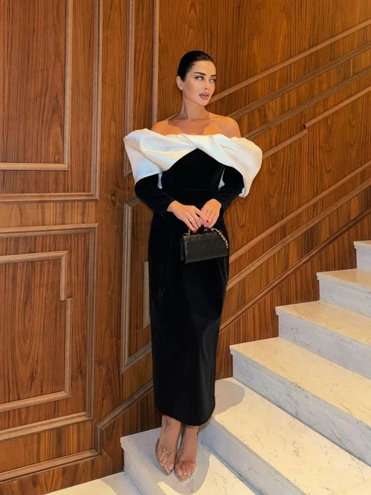 Off Shoulder Long Sleeve Contrast Wrap Ruched Velvet Bodycon Maxi Dress