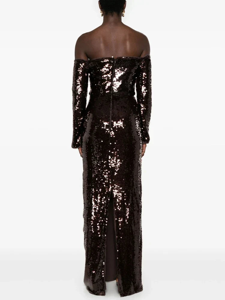 Sequin Off Shoulder Long Sleeve Sweetheart Mermaid Gown