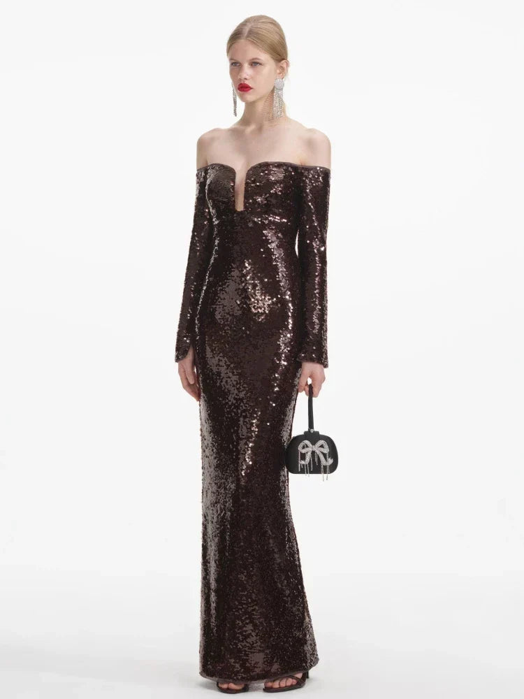 Sequin Off Shoulder Long Sleeve Sweetheart Mermaid Gown