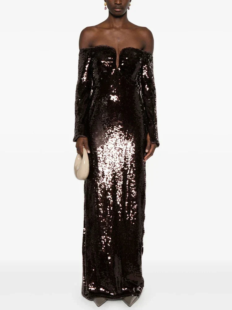 Sequin Off Shoulder Long Sleeve Sweetheart Mermaid Gown