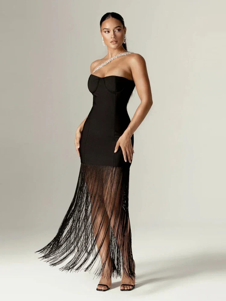 One Shoulder Diamante Strap Fringe Hem Bodycon Maxi Dress 2