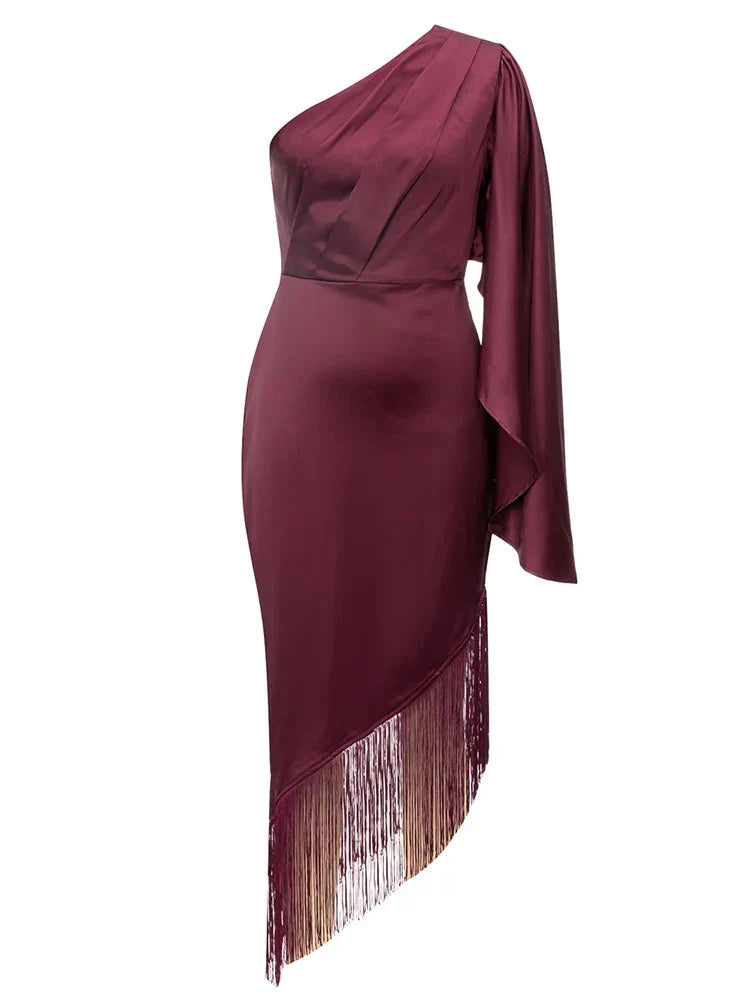Satin One-Shoulder Cape-Sleeve Fringe-Hem Midi Dress 7