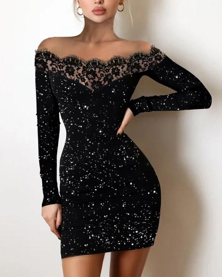 Off Shoulder Long Sleeve Contrast Lace Glitter Bodycon Mini Dress