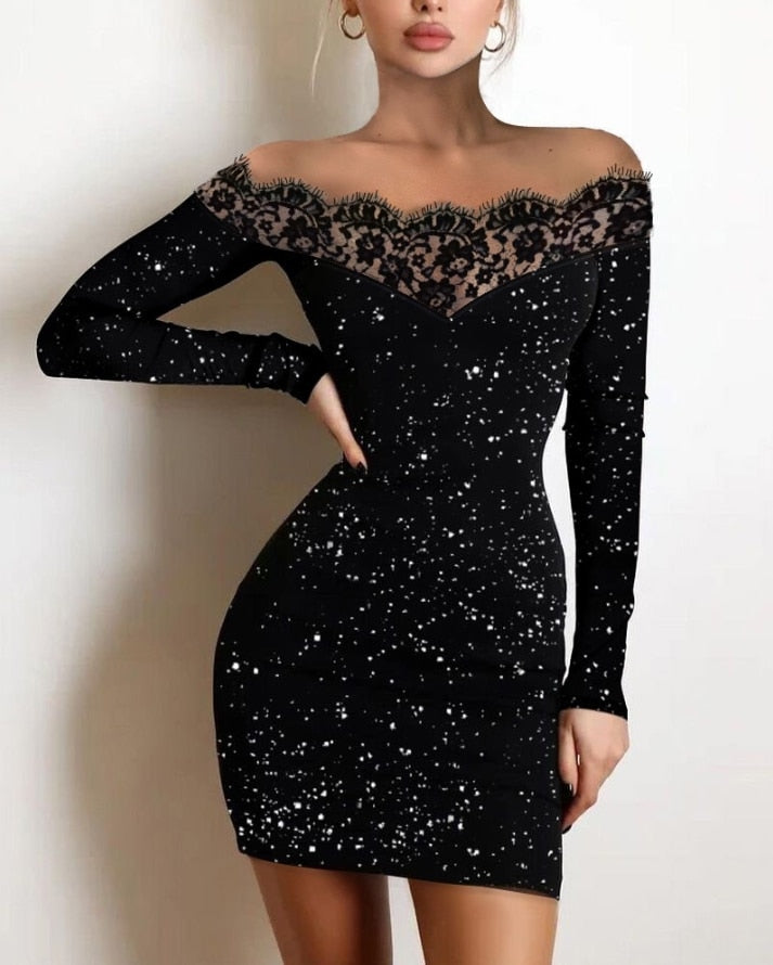 Off Shoulder Long Sleeve Contrast Lace Glitter Bodycon Mini Dress