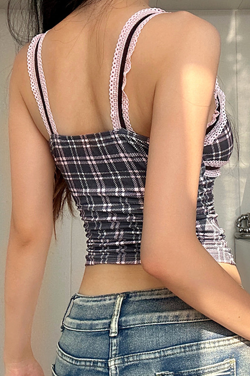 Sexy Plaid Lace Patchwork Contrast V Neck Tops - Fashionpara