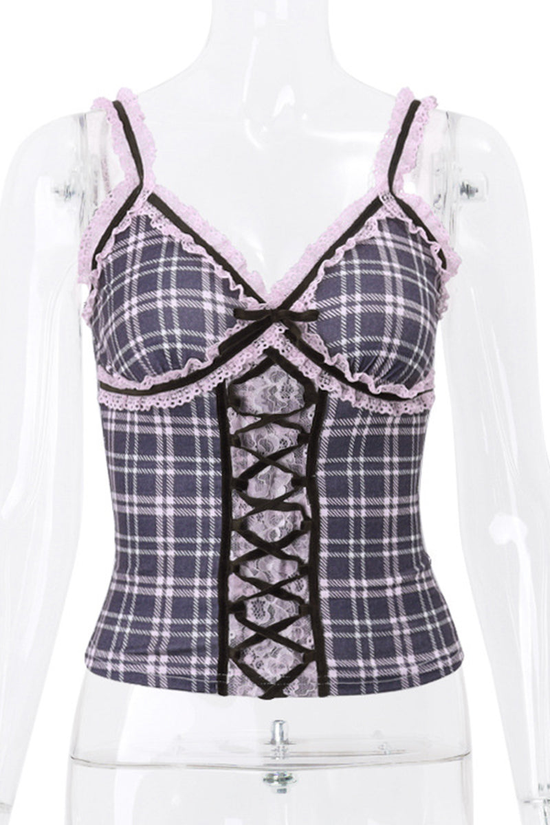 Sexy Plaid Lace Patchwork Contrast V Neck Tops - Fashionpara