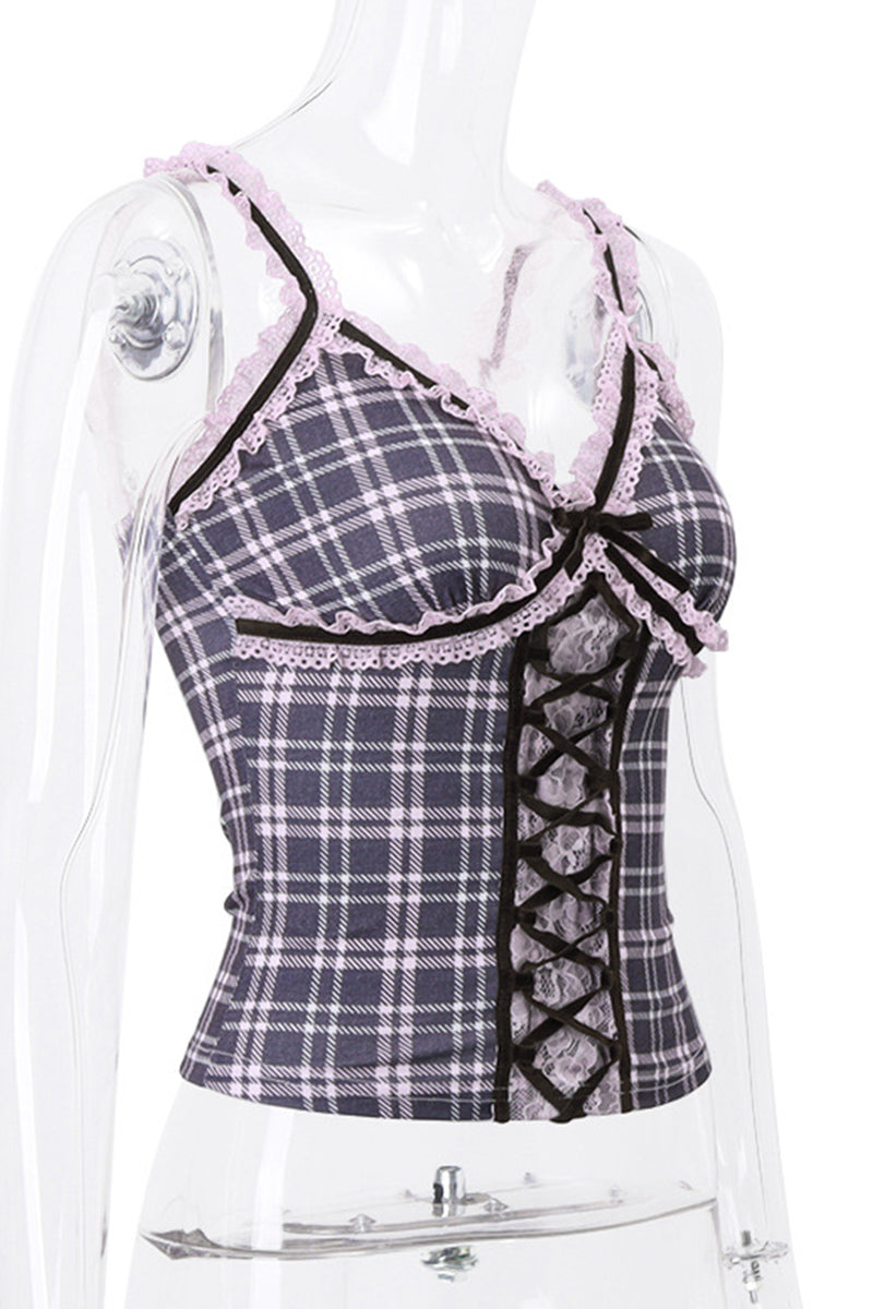 Sexy Plaid Lace Patchwork Contrast V Neck Tops - Fashionpara