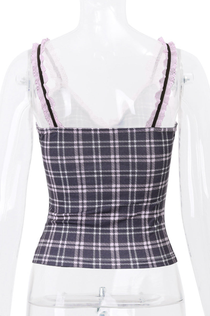 Sexy Plaid Lace Patchwork Contrast V Neck Tops - Fashionpara
