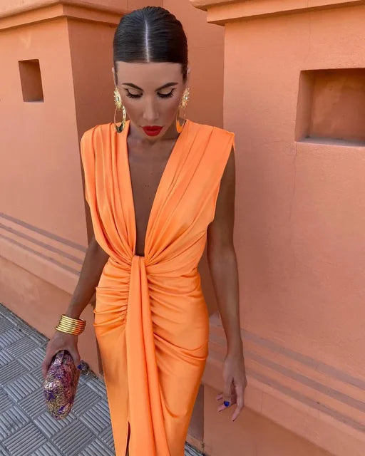 Satin Deep V-Neck Cap Sleeve Knot Front Bodycon Midi Party Dress