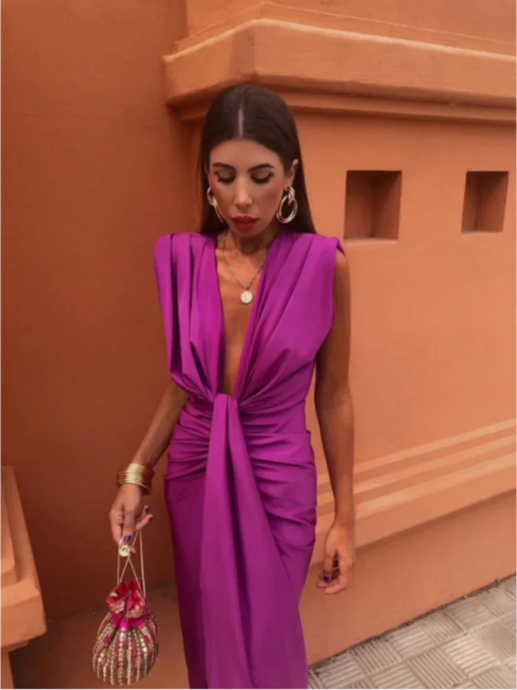 Satin Deep V-Neck Cap Sleeve Knot Front Bodycon Midi Party Dress - View 3