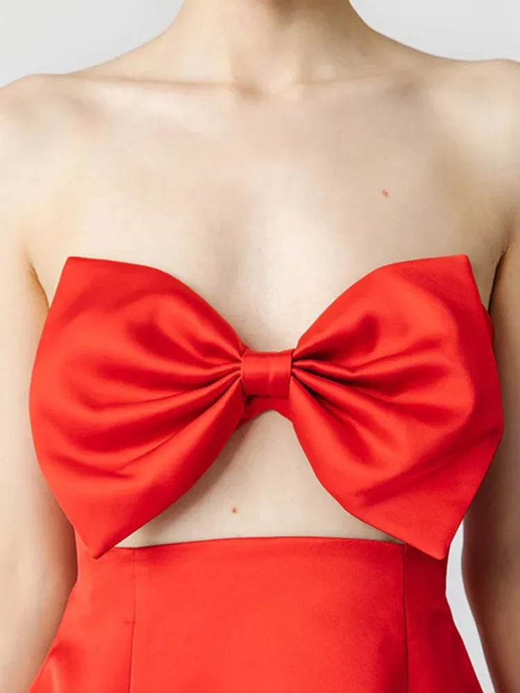 Satin Strapless Bow Front Cutout Dress