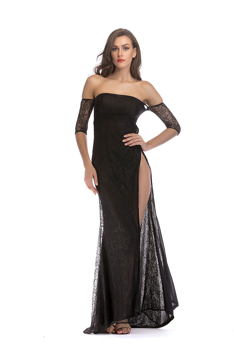 Sexy Red Off-the-shoulder Lace Thigh-high Slit Long Dress - Mislish