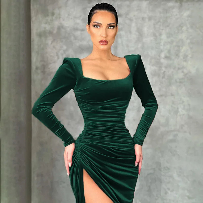 Velvet Square Neck Long Sleeve Ruched High Split Dress 5