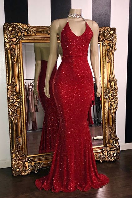 Sexy Sequins Sleeveless Mermaid Prom Evening Dresses | Glitter Halter Red Evening Gowns