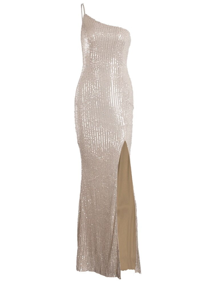 Sequin One-Shoulder Cutout High Slit Maxi Gown 9