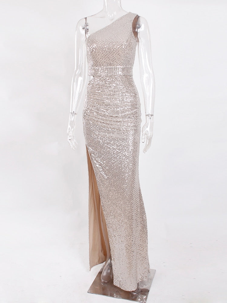 Sequin One-Shoulder Cutout High Slit Maxi Gown 4