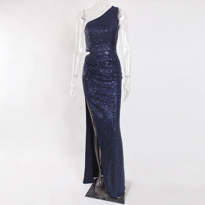 Sequin One-Shoulder Cutout High Slit Maxi Gown 7