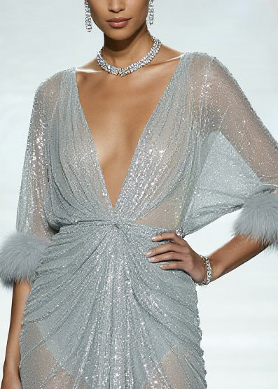 Mesh Sequin Deep V-Neck Faux Fur Cuff Ruched High Low Midi Dress - View 2