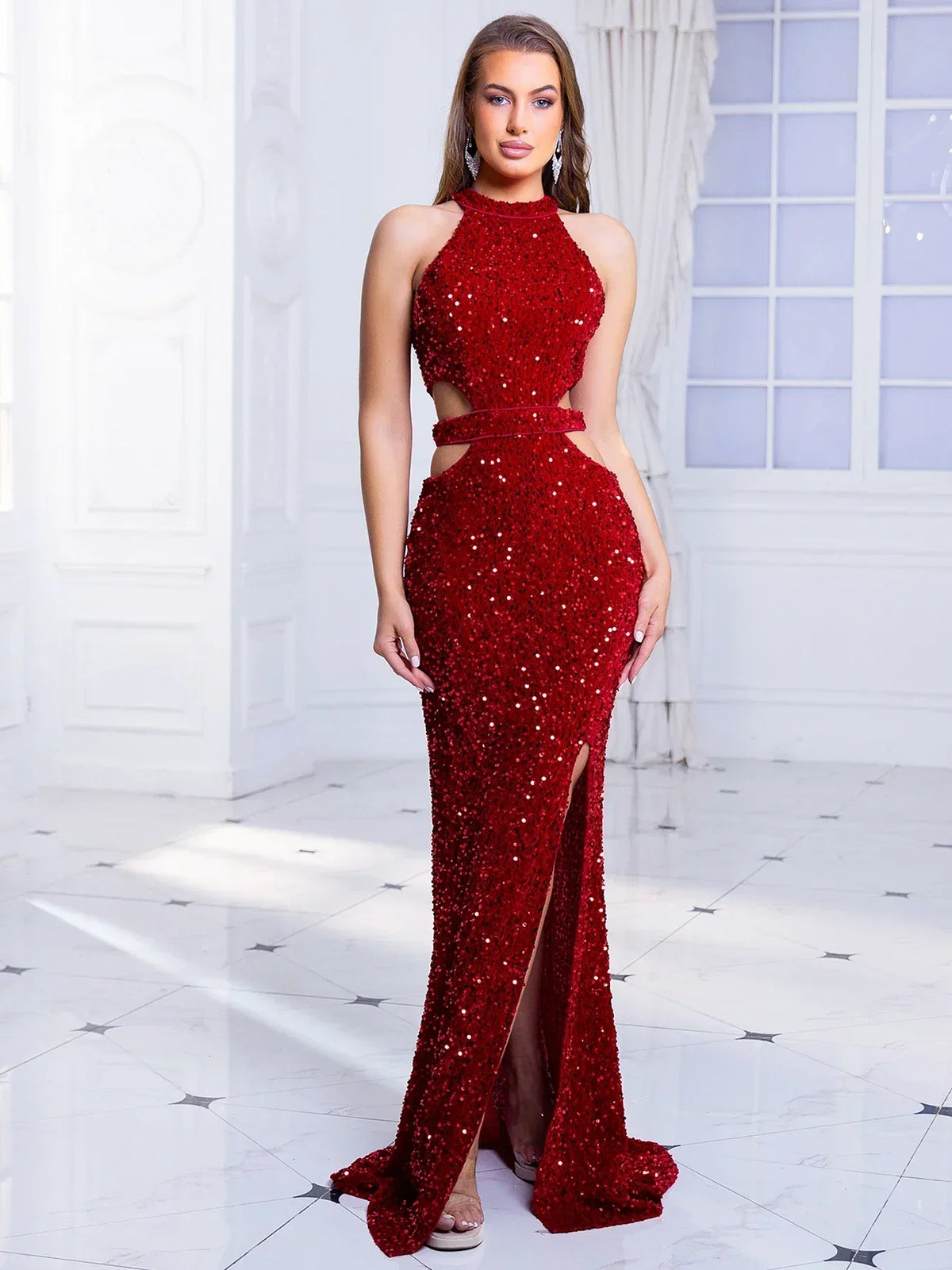 Cut-Out Sequined Party Dress Red / S Partydress-241208