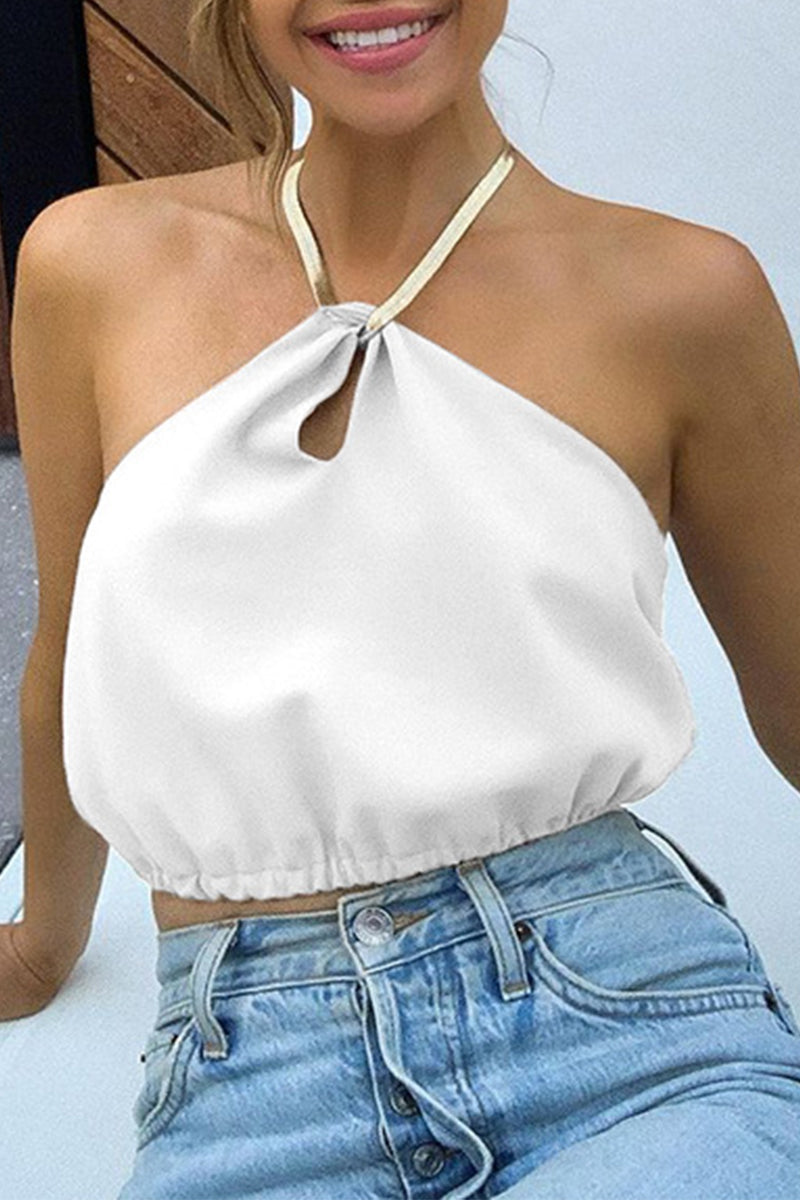 Sexy Solid Color Chains Backless Halter Tops - Fashionpara