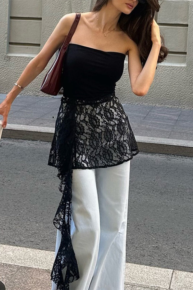 Sexy Solid Color Lace Stringy Selvedge Strapless Tops - Fashionpara