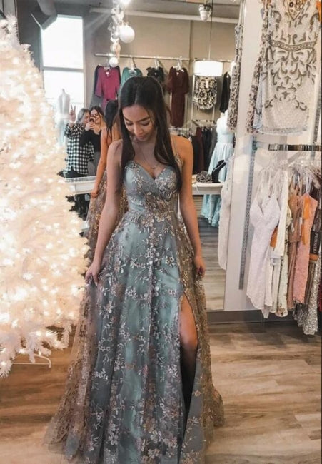 Sexy Spaghetti Straps Sweetheart Aline Prom Evening Dresses Floral Lace Evening Dress with Side Slit