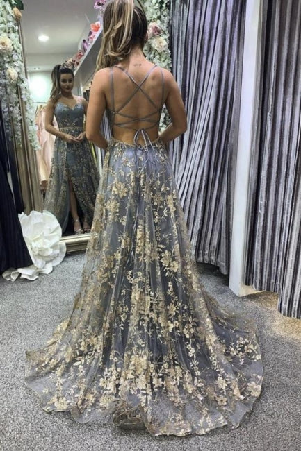 Sexy Spaghetti Straps Sweetheart Aline Prom Evening Dresses Floral Lace Evening Dress with Side Slit