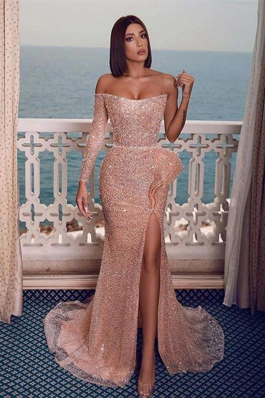 Sexy Sparkly Champagne Rose One-shoulder Side-slit Mermaid Long Prom Evening Dresses