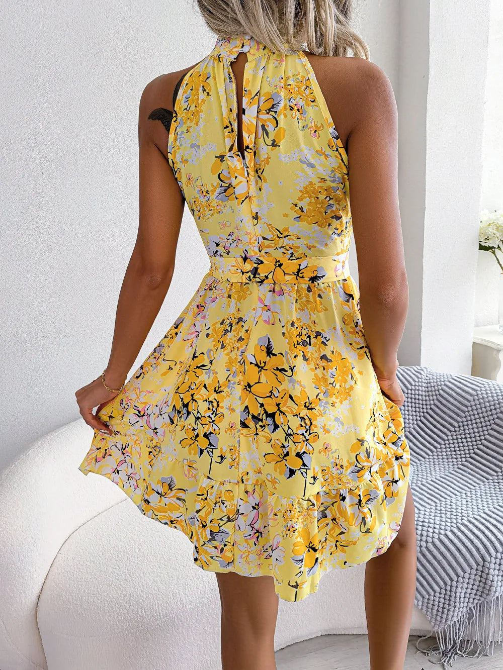 Spring Summer Floral Halter Neck Lace-up A-line Floral Dress