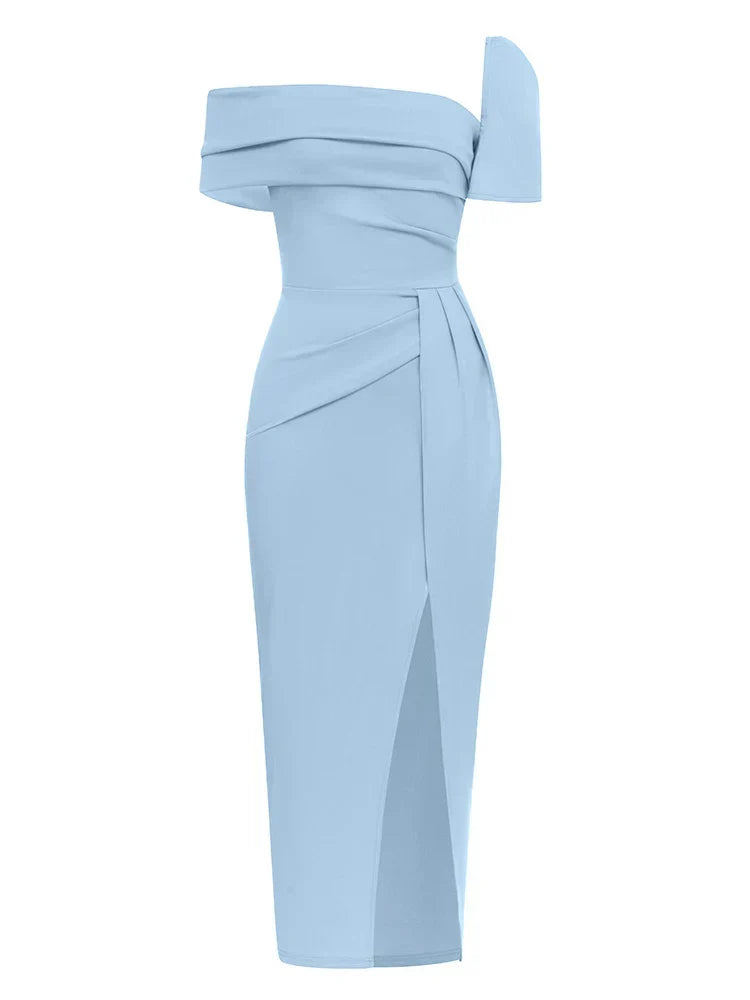 Sexy Square Collar Folds Design Long Dress Short Sleeves Christmas Party Blue / S Dresses-L